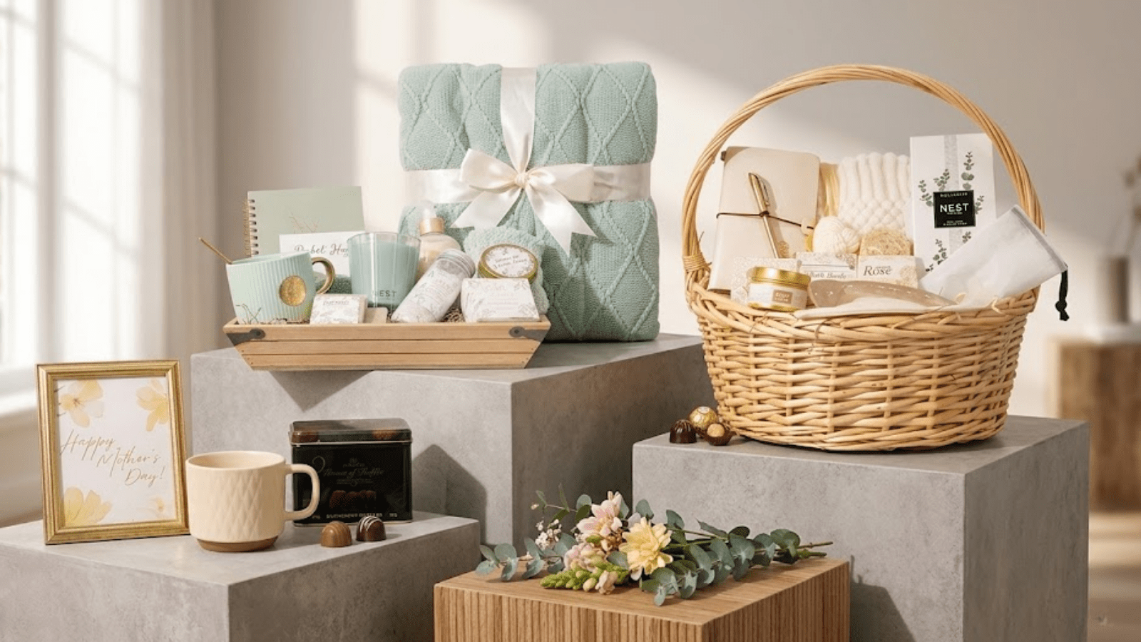 Mother's Day spa gift basket from Celebrations Flowers & Gifts in Grand Cayman — includes Nest New York candle, artisan hand soap, reed diffuser, and a custom floral posy on a marble surface.
