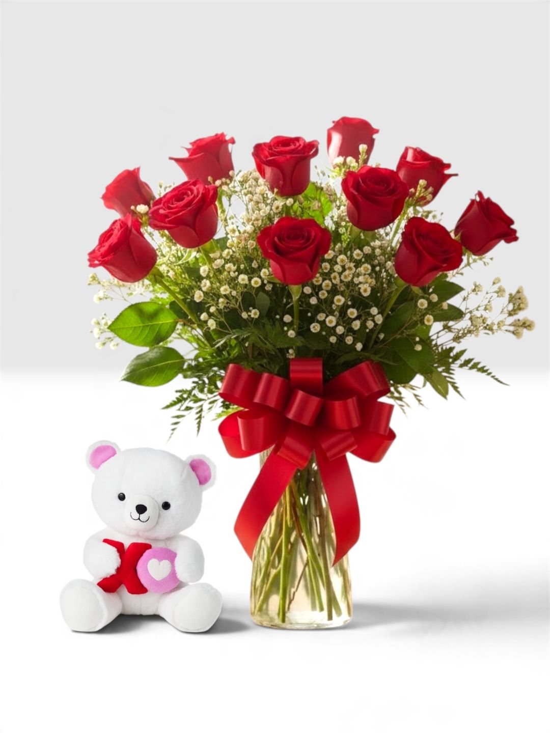 Petite “XO” Bear with a Dozen Roses 
