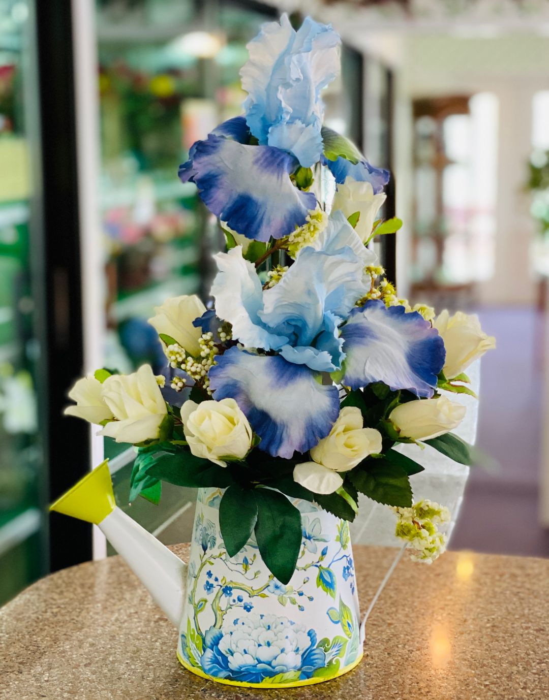 Silk Blue Iris watering can 