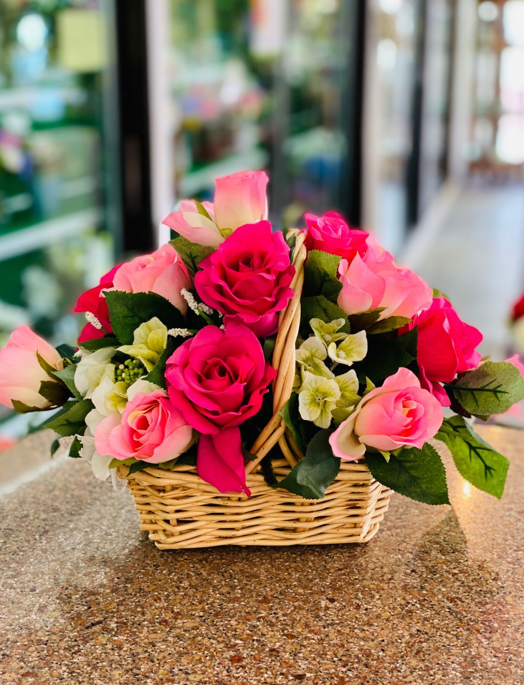 Silk Pink Rose Basket 