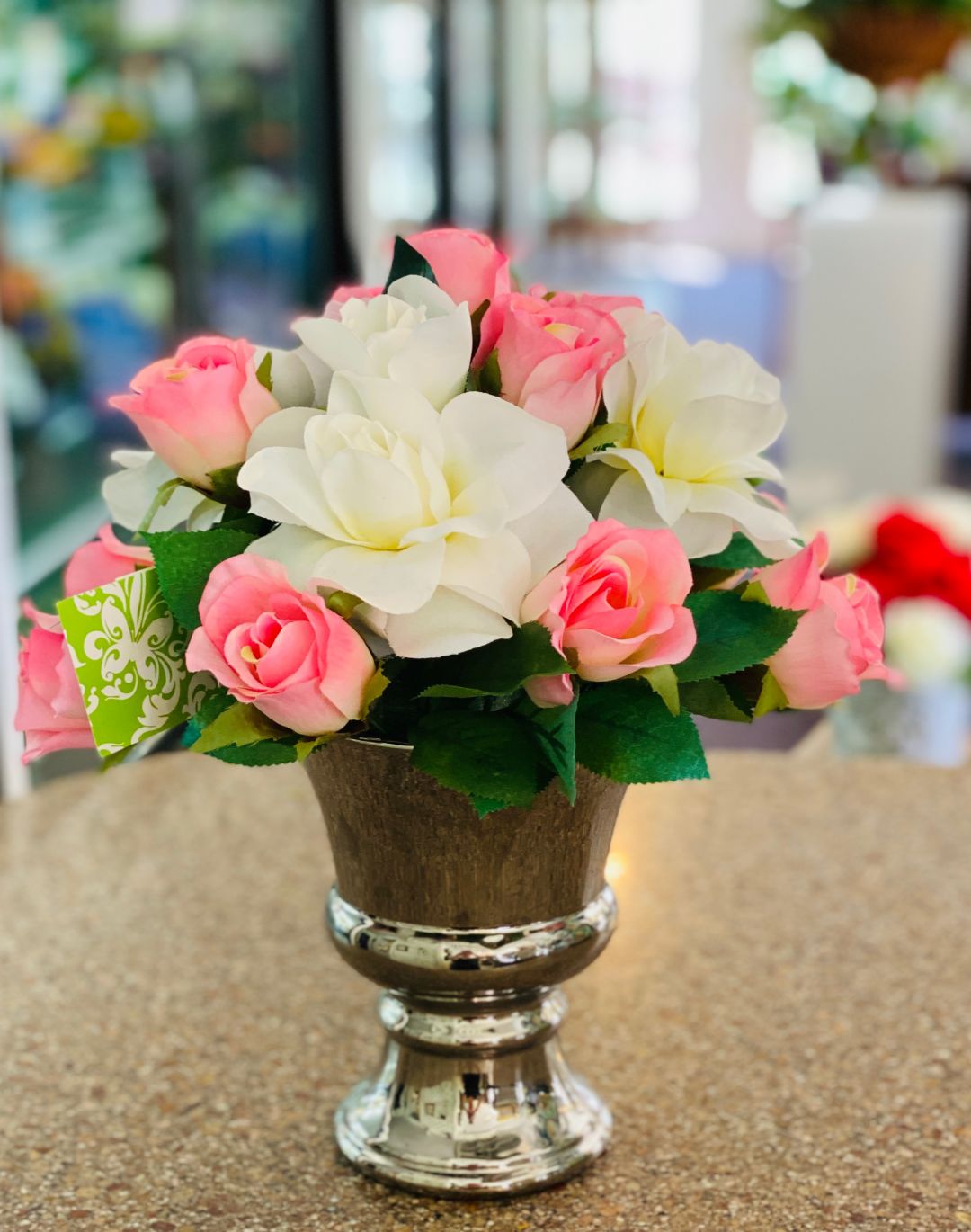 Silk silver pedestal with pink and white 