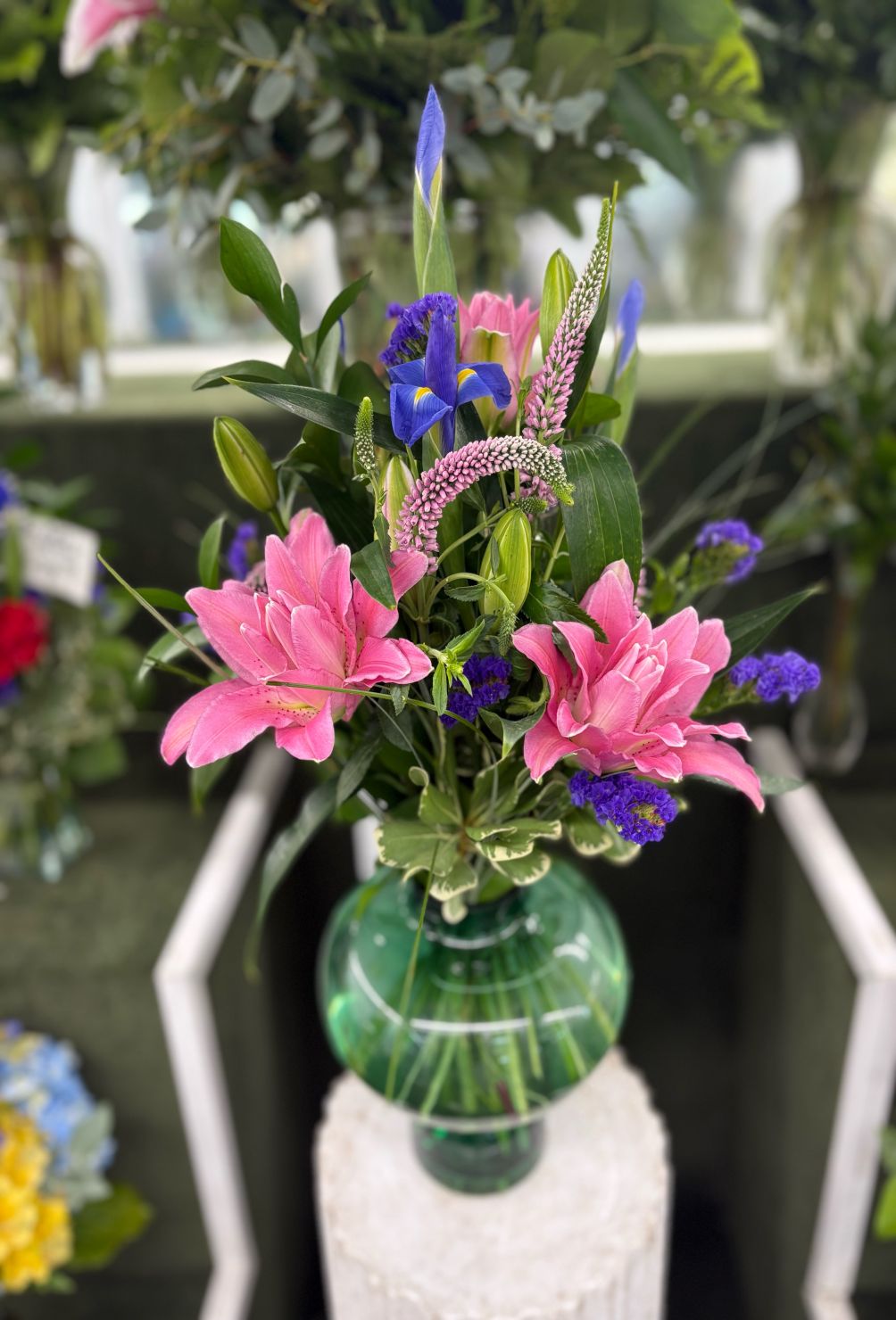 Rose Lily and Iris Arrangement IN THE COOLER 