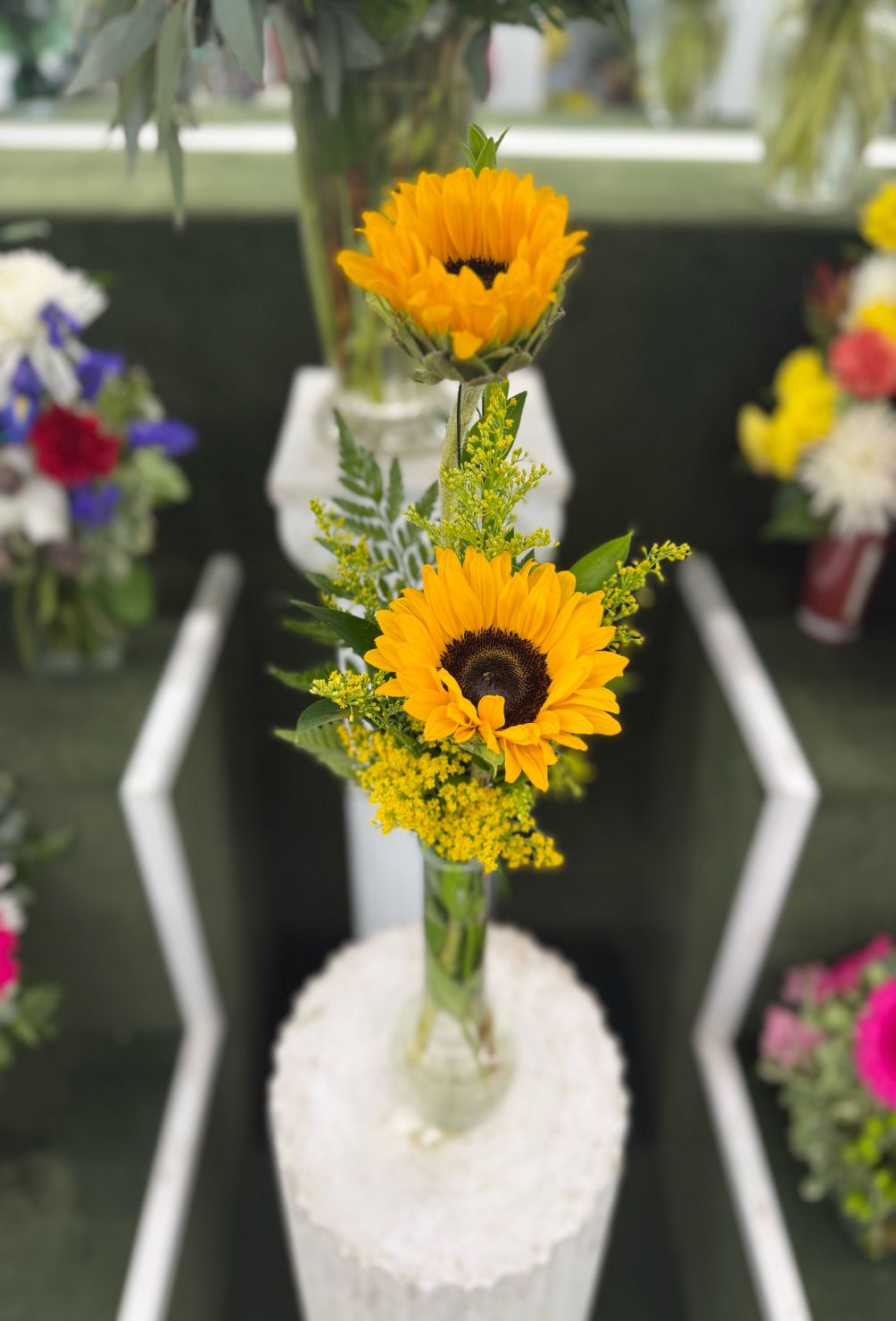 DOUBLE SUNFLOWER BUDVASE ARRANGEMENT IN THE COOLER