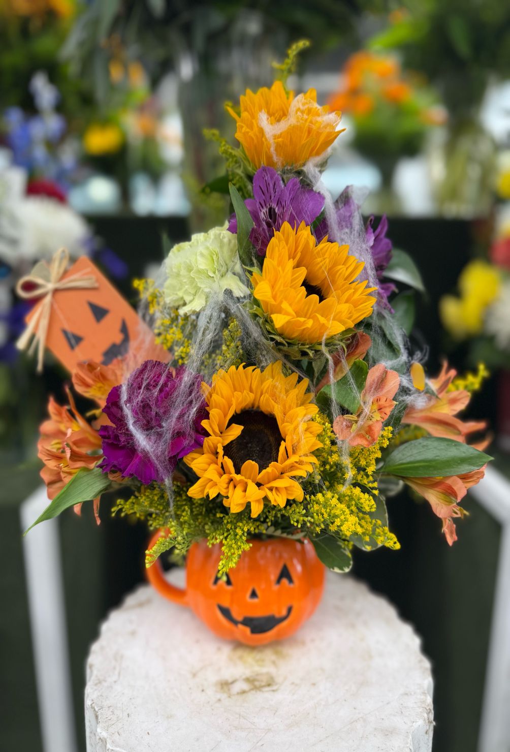 SPOOKY SUNFLOWERS MUG ARRANGEMENT IN THE COOLER