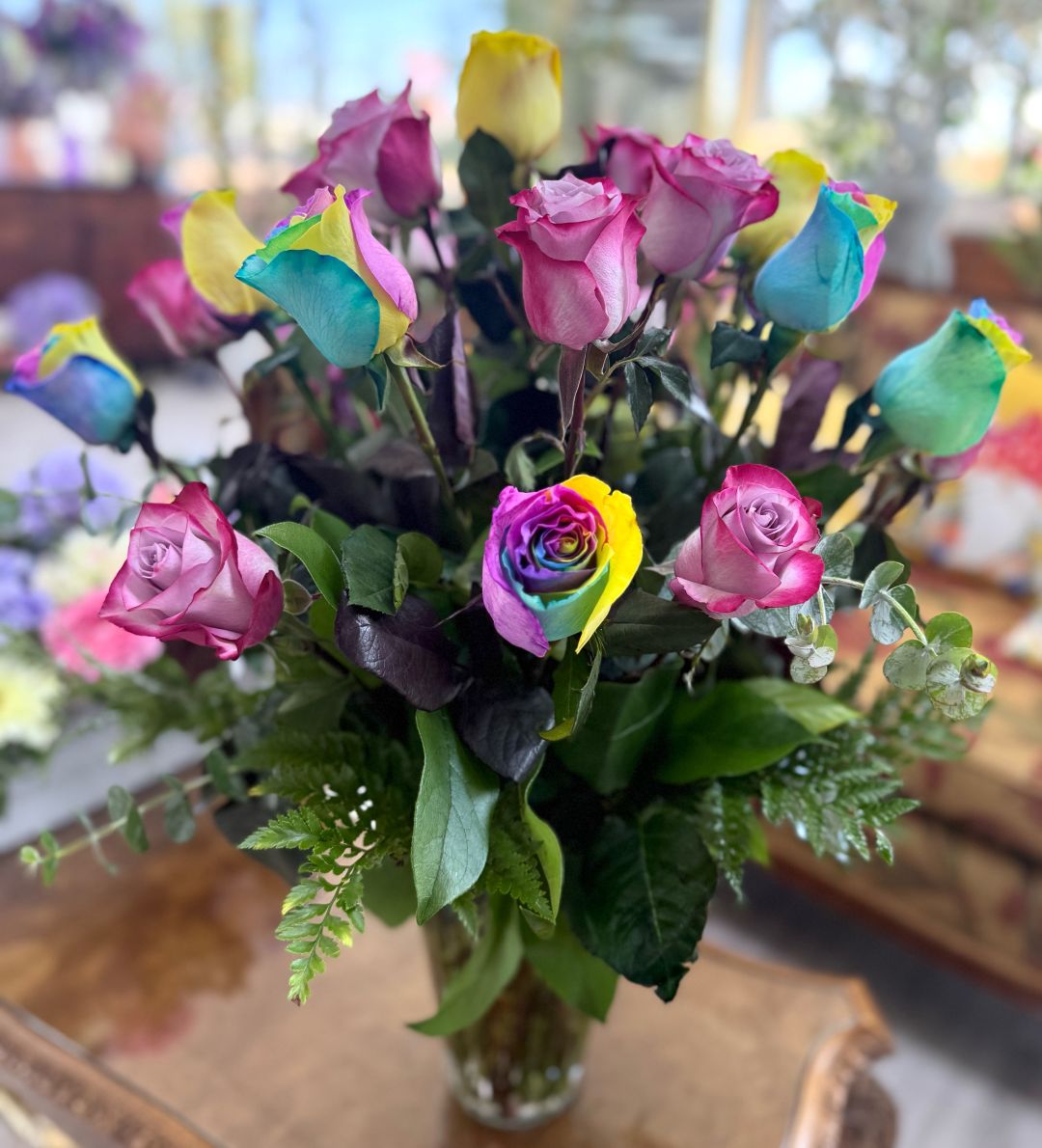 Two Dozen Lavender & Rainbow Rose Arrangement In the Cooler