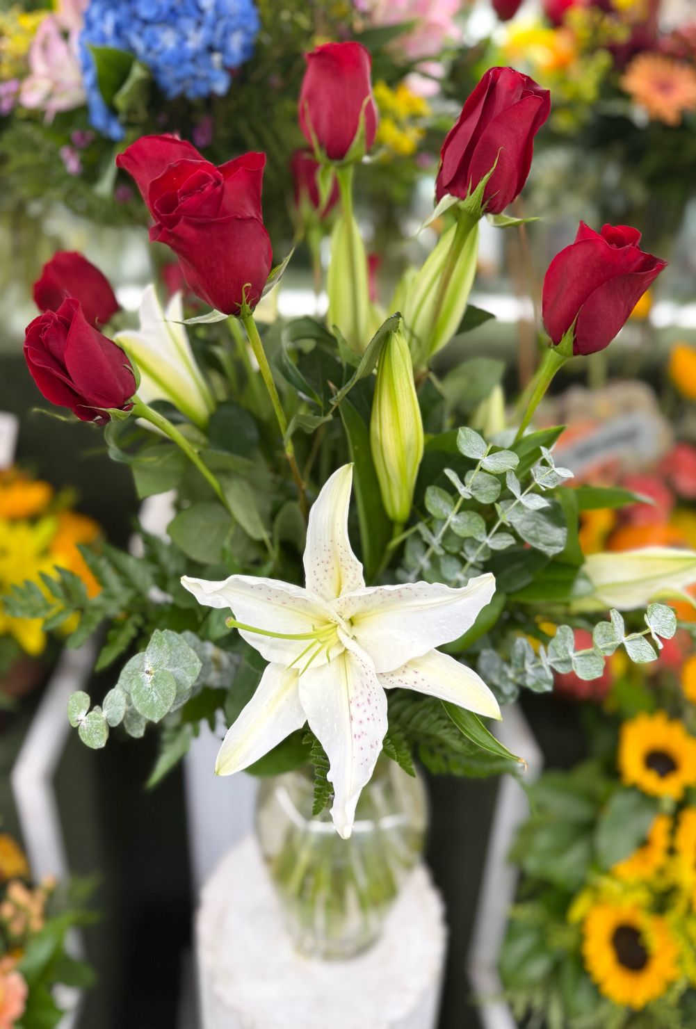 Dozen Red Roses & White Lillies Arrangement In the Cooler