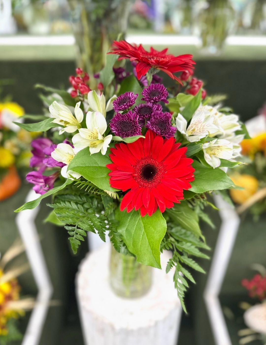 Scarlet & Violet Arrangement In the Cooler