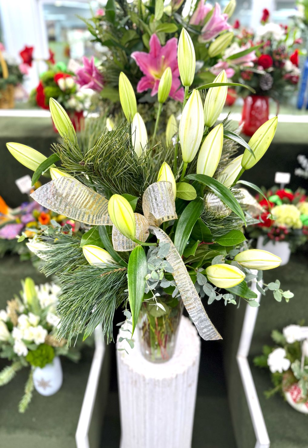 White Lily Arrangement In the Cooler