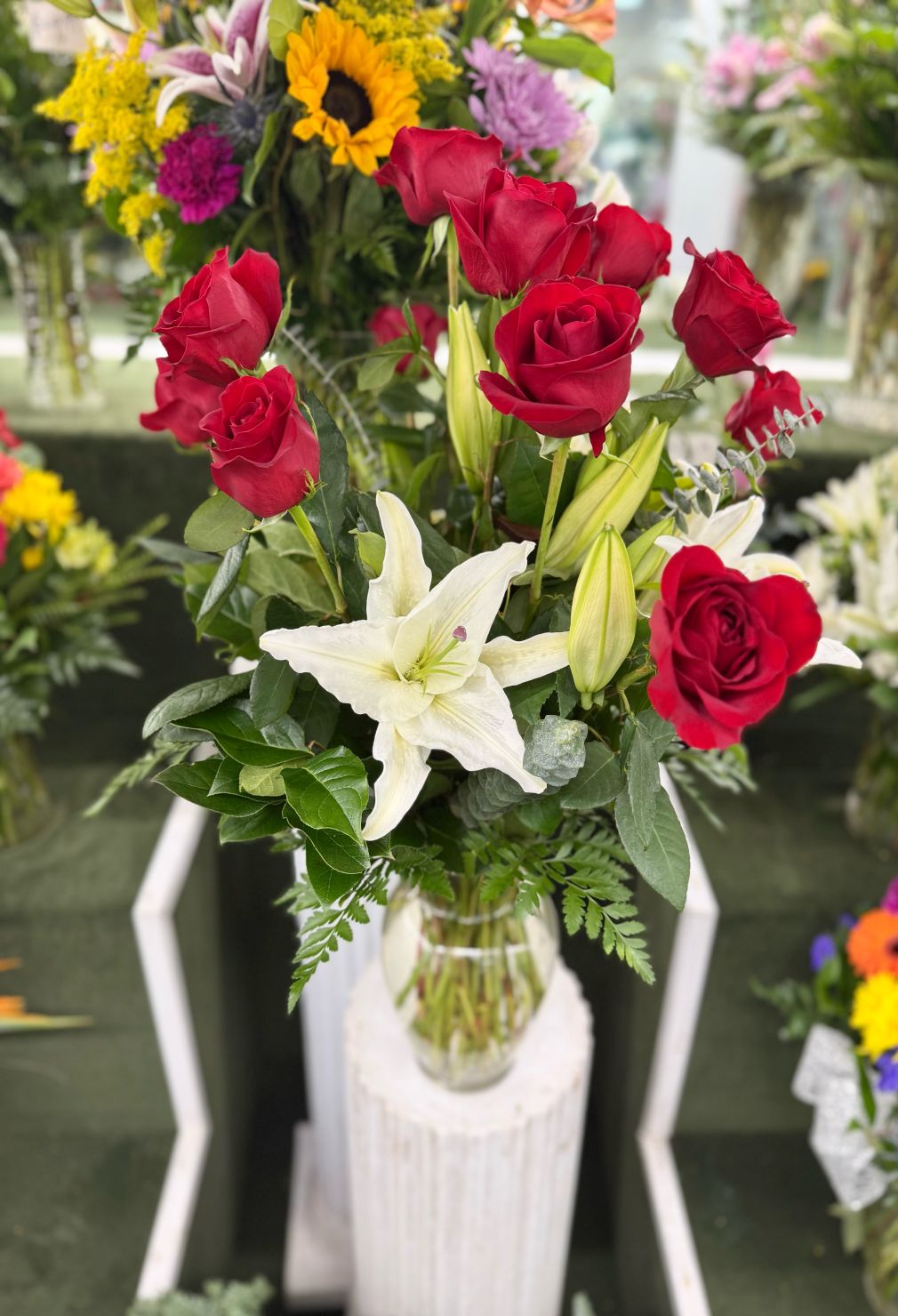 Dozen Red Roses & White Lillies In The Cooler