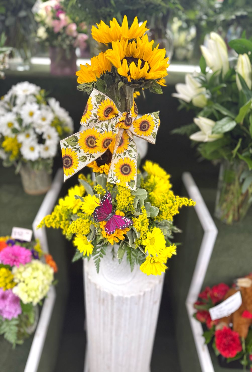 Sunflower Topiary Arrangement In the Cooler