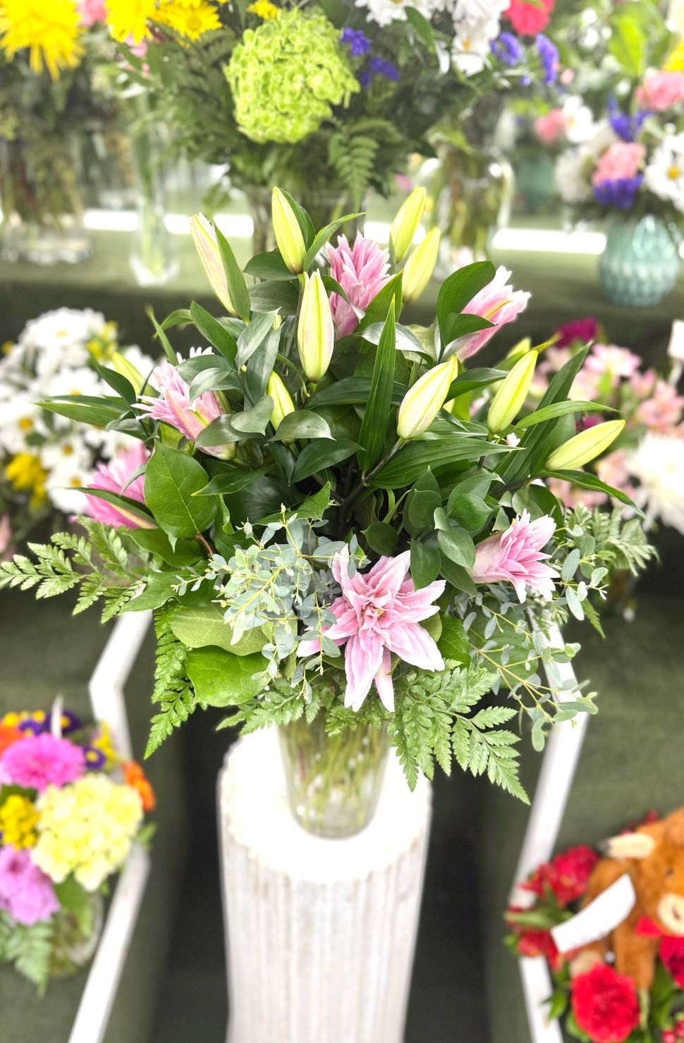 Pink Rose-Lily Arrangement In the Cooler