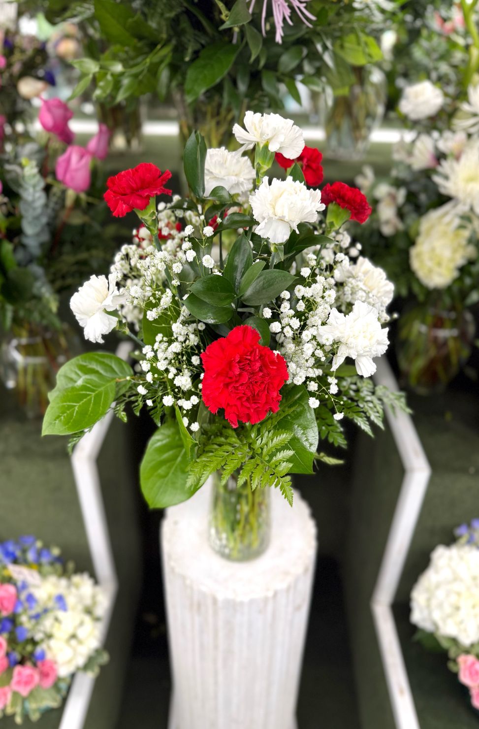Dozen Red & White Carnation Arrangement In the Cooler