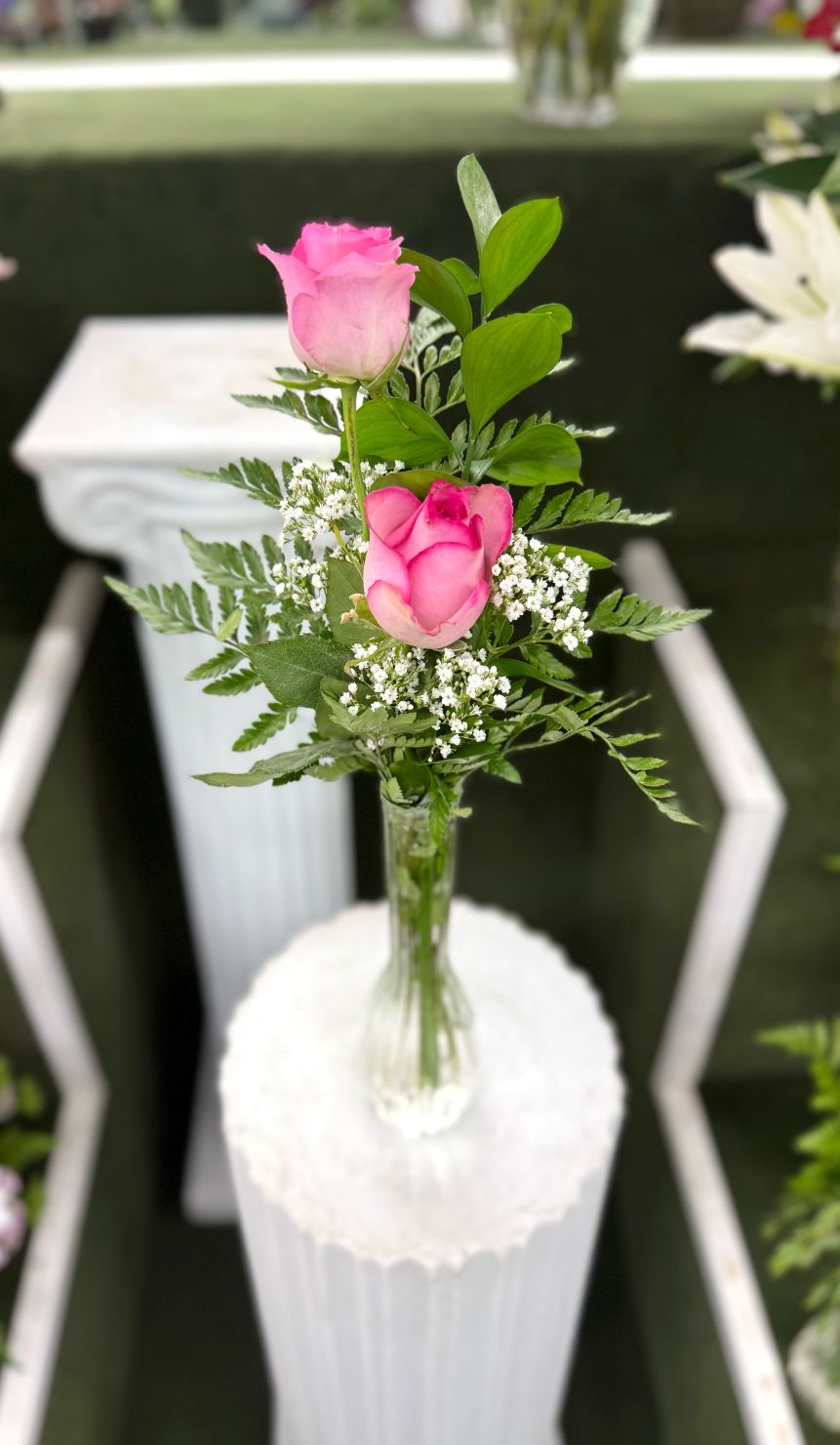 Double Pink Rose Budvase In the Cooler