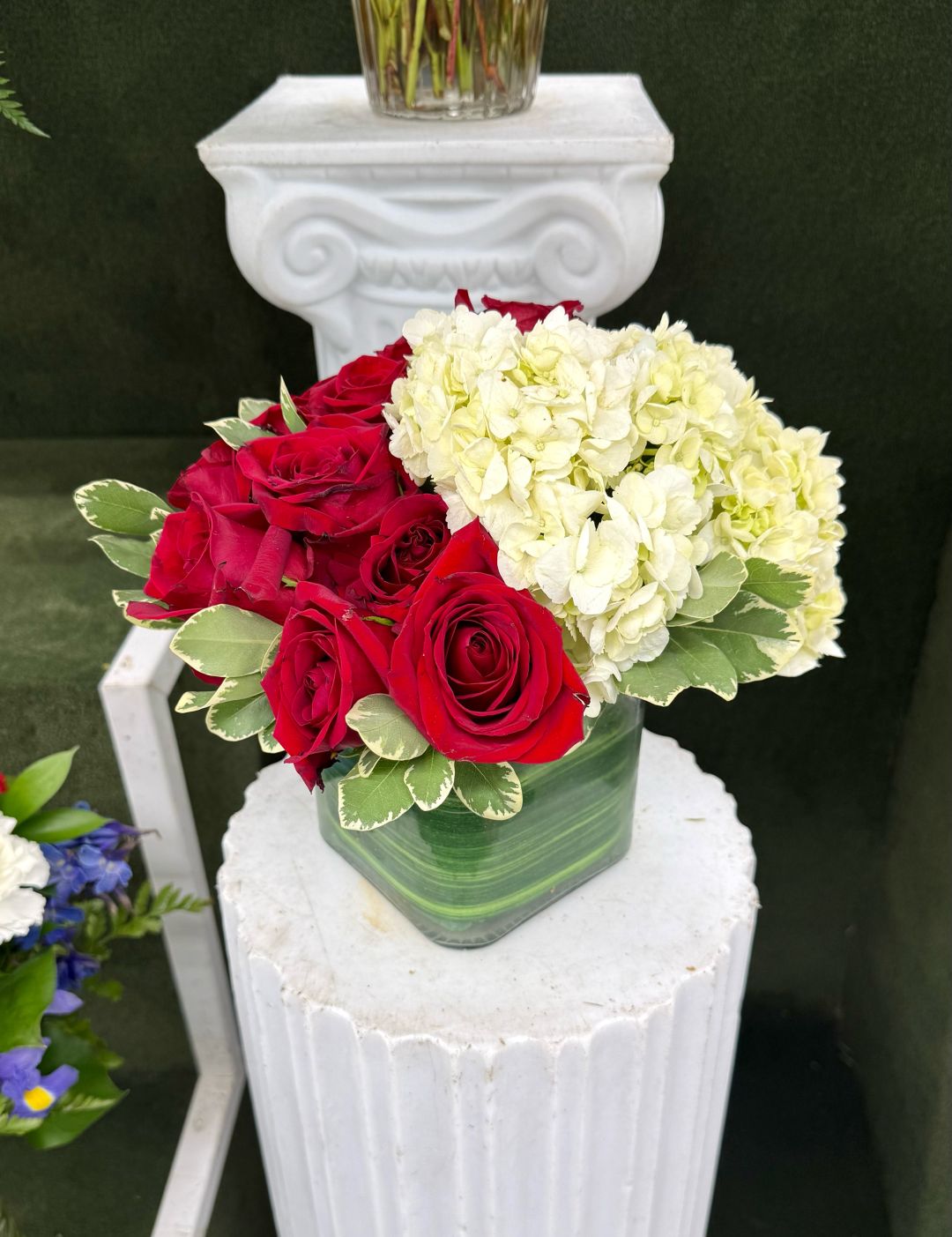 Roses & Hydrangea Cube Arrangement In the Cooler