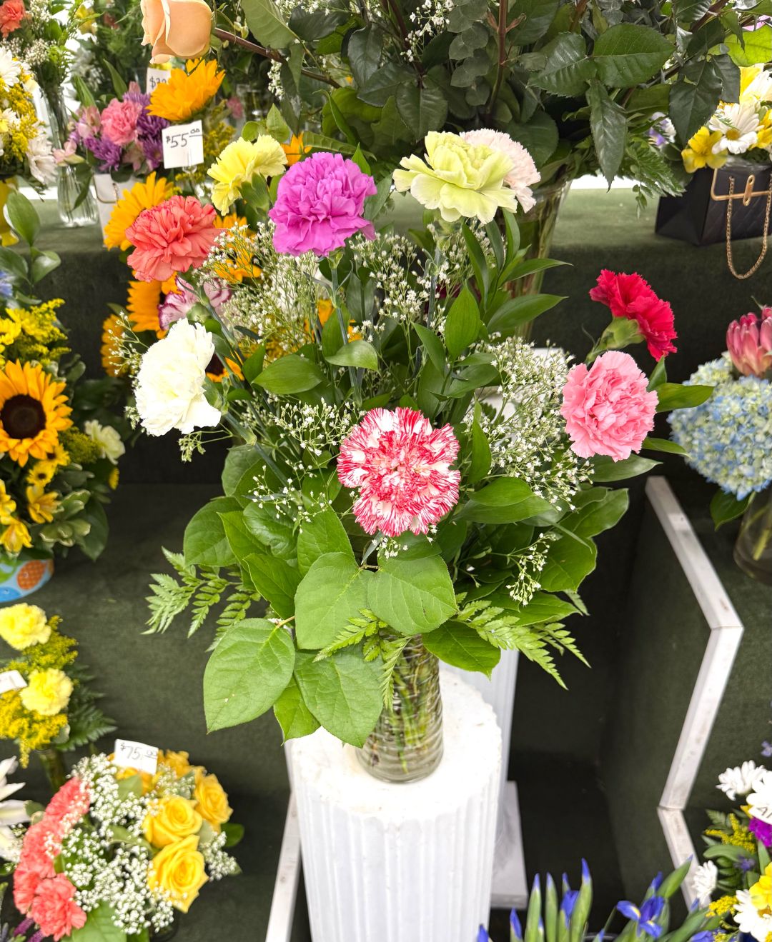 Dozen Colorful Carnations Arrangement In the Cooler 