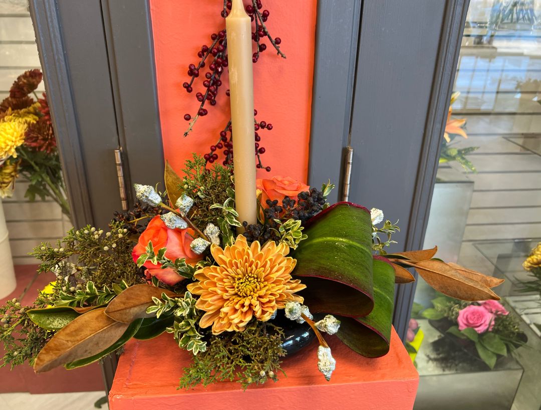 Harvest holiday centerpiece with candle