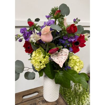 Colony Florist & Gifts Franklin Lakes - Valentine mix including hydrangea, stock, anemone, rose adores with heart pick
