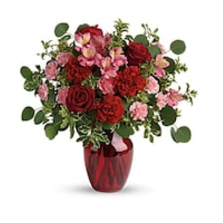 My Lady's Florist Westland - The belle of the ball! Arranged in a ruby red vase, this romantic bouquet of rich red roses and delicate pink alstroemeria is a beautiful statement of love and devotion.