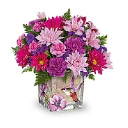 My Lady's Florist Westland - A flight of fancy on Mother's Day or any special occasion, this pretty purple bouquet looks especially enchanting thanks to a keepsake glass cube with vintage botanical motif.