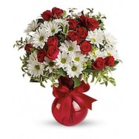 My Lady's Florist Westland - <p>Celebrate your love with flying colors! Little red roses and classic white daisies make this sweet bouquet a favorite for Valentine's Day, birthdays and more. Delivered in a shapely red vase and tied with a shimmering red ribbon, it's a gift from the heart.<\/p>