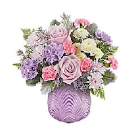 My Lady's Florist Westland - Dreamy blooms! This stylish bouquet, featuring delicate pinks and shimmering lavenders, looks stunning in a sculpted glass vase with a contemporary art deco design.