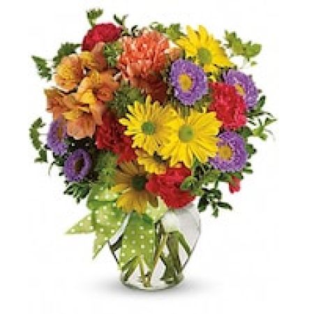 My Lady's Florist Westland - <p>A summery mix of yellow daisy chrysanthemums, purple asters and red and orange carnations - arranged in a clear ginger vase and adorned with a cheerful green plaid bow - will make their wishes come true!<\/p>