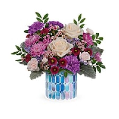 My Lady's Florist Westland - Sparkling like the ocean, this beautiful stained glass mosaic vase brings an artistic touch to a springtime bouquet of creamy roses and deep purple blooms.