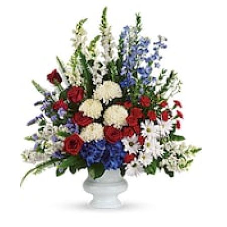 My Lady's Florist Westland - A dazzling display of patriotic red, white and blue flowers sends a silent yet poignant statement about hope, freedom and the strength to endure. This proud bouquet is a testament to life that is sure to be appreciated.