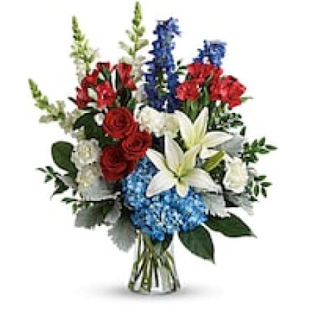 My Lady's Florist Westland - Perfectly patriotic with its red, white and blue blooms, this bold bouquet of hydrangea, lilies and roses is a versatile tribute on any occasion.\n