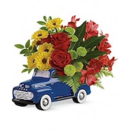 My Lady's Florist Westland - Celebrate Dad with fresh flowers in his favorite Ford! Bursting with classic Americana flair, this jaunty little pickup is a super fun way to present Dad with a bright Father's Day bouquet of roses, alstroemeria and mums.