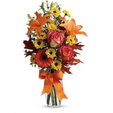 My Lady's Florist Westland - A burst of beauteous blooms in autumn shades of orange and yellow is mixed with a handful of oak leaves, then delivered in a clear glass vase adorned with a bright satin ribbon. A splendid gift for birthdays or any fall occasion.