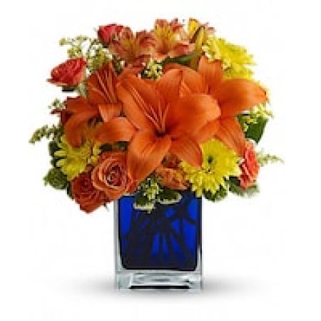 My Lady's Florist Westland - Flower power rises several degrees in this brilliant array of hot summer flowers in a cool blue contemporary glass cube vase. Send this gift of indoor sunshine to someone close to you.
