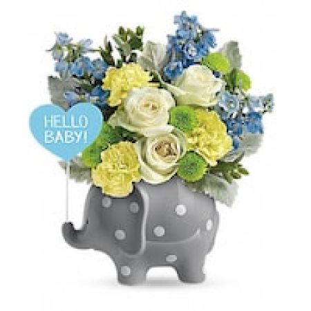 My Lady's Florist Westland - A beautiful boy deserves beautiful blooms! Celebrate his special arrival with this perky, polka-dotted elephant vase, delivered with a gorgeous fresh flower bouquet.\n