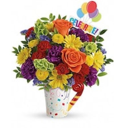 My Lady's Florist Westland - It's a party to go! Celebrate life's special moments with this fun, fabulous mix of roses, carnations and mums, hand-delivered in a festive, food-safe mug that will make their coffee breaks extra fun. Perfect for any festive occasion, from birthday parties to graduations to retirements!