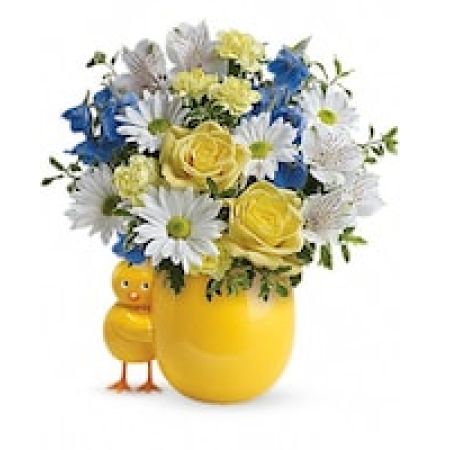 My Lady's Florist Westland - A little one has arrived! Welcome them home with a lush bouquet of yellow roses and blue delphinium, beautifully arranged in this adorably cheerful chicky vase. The new parents will love to display the sweet ceramic keepsake in the nursery!
