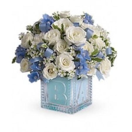 My Lady's Florist Westland - Celebrate the coolest baby boy on the block's arrival with this charming glass baby block that arrives chock full of pretty flowers. Perfect for baby showers, too! The glass block will make an adorable display piece for years!