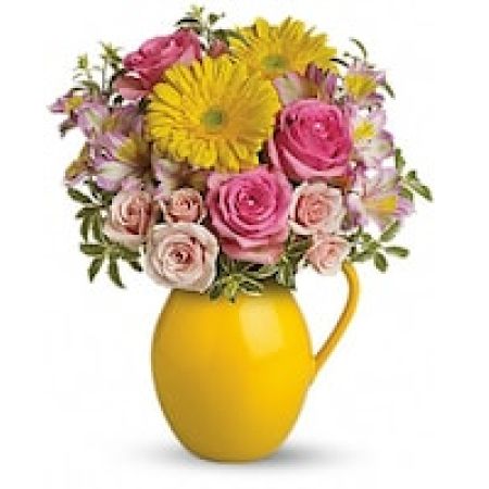 My Lady's Florist Westland - Fill their cup with happiness! This signature Sunny Day pitcher is sure to pour joy! Filled with beautifully bright gerberas and sweet roses, it's a gift they'll always treasure.
