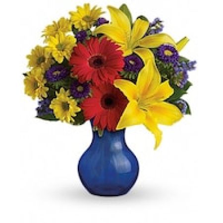 My Lady's Florist Westland - Send them on a summer daydream with this sensationally sunny bouquet! These vivid blooms are arranged in a cobalt blue vase.