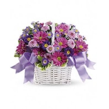 My Lady's Florist Westland - Get a handle on spring with this delightful array of floral favorites in a charming white bamboo basket accented with lavender ribbon. Surprise someone who could use a lift. It will make you both happy.