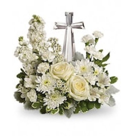 My Lady's Florist Westland - <p>An elegant display of faith and divine peace, this beautiful arrangement will comfort the bereaved in a truly thoughtful and respectful way. An exquisite crystal cross is surrounded by a bed of lovely blossoms. It is sure to be appreciated and always remembered.<\/p>