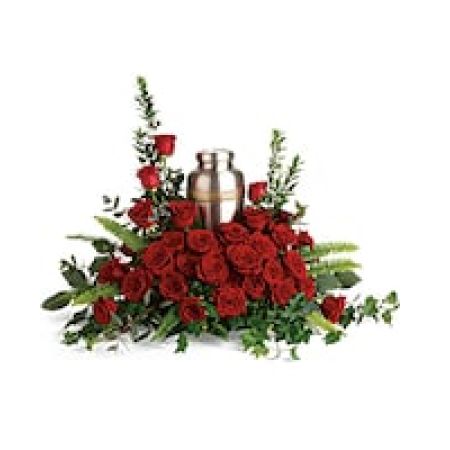 My Lady's Florist Westland - Elegant red roses and delicate greenery are a breathtaking way to display and honor the cremation urn.\n