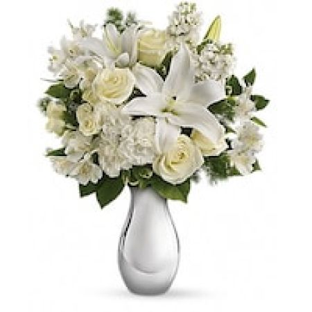 My Lady's Florist Westland - So simple, and so breathtakingly beautiful. This holiday flower arrangement features an all-white bouquet of roses, lilies and more in an exquisite silver reflections vase that will be cherished for years. Perfect for Christmas, Hanukkah - or just because.