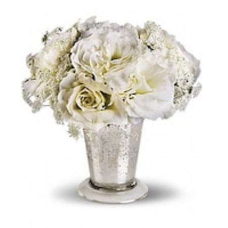 My Lady's Florist Westland - A petite expression of elegance, this angelic centerpiece pairs airy Queen Anne's lace with delicate lisianthus in an antiqued Mercury Glass Vase.