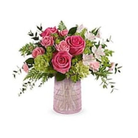 My Lady's Florist Westland - Delight Mom with the Sparkling Joy Bouquet, delivered in a pink glass carafe with elegant beaded details. Paired with hot pink roses, pink spray roses, light pink alstroemeria, and other pretty blooms, this keepsake meets FDA tableware standards to safely serve and store drinks, adding beauty to any table year-round.