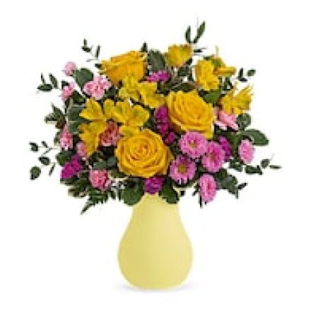 My Lady's Florist Westland - Pure happy! Brighten any day with this joyful bouquet of yellow roses and pink blooms, arranged in a fabulous frosted glass vase.