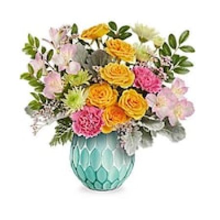 My Lady's Florist Westland - Brimming with lovely blossoms now and radiating warmth with a votive candle later, this enchanting turquoise vase boasts a mercury-inspired finish and sculpted details, making it a stunning gift.