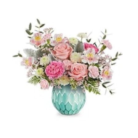 My Lady's Florist Westland - Evoking the beauty of dreams in color, this enchanting rose bouquet is showcased in a frosted turquoise vase with a mercury-inspired finish and sculpted details, guaranteed to brighten any day!