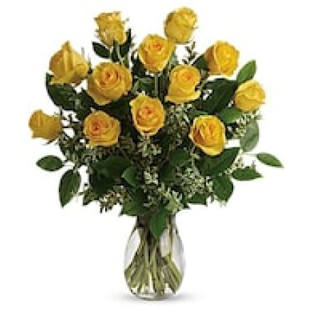 My Lady's Florist Westland - Here comes the sun! Say hello to a happy day with this grand bouquet of a dozen yellow roses and fresh greens in a graceful glass vase.\n