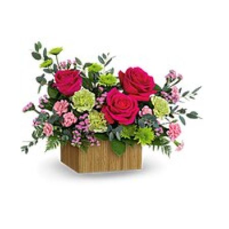 My Lady's Florist Westland - As beautiful as a summer sunset, this bright bouquet of roses and mums in a modern bamboo cube radiates joy!