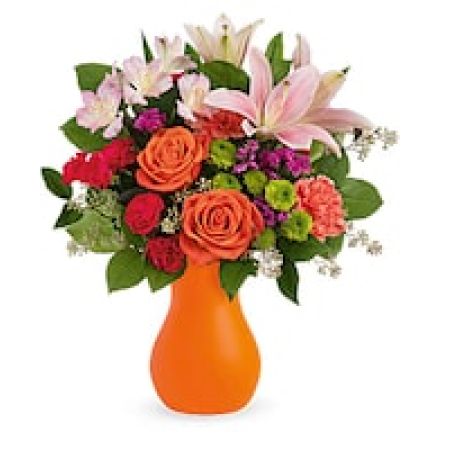 My Lady's Florist Westland - Fresh-picked fun! This sweet, citrus-hued bouquet is sure to invigorate and inspire with its bold orange roses and matching frosted glass vase.